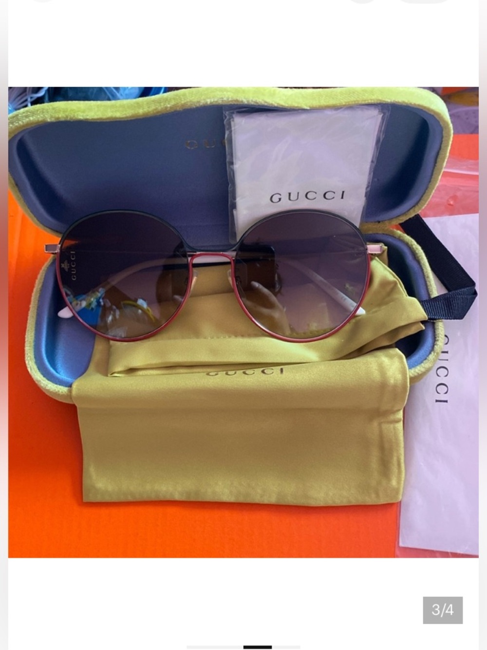 Gucci Round Metal Sunglasses with Brown Gradient Lenses and Red/Green Frame NWT - Picture 4 of 5